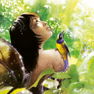 Oiseau color&eacute; dans un jardin lumineux