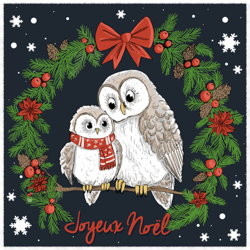 Carte Hiboux adorables pour un Noël chaleureux Carte de noel traditionnelle