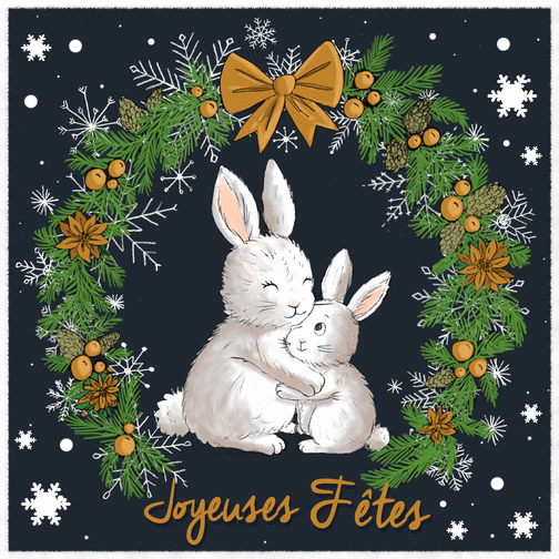 Carte Lapins heureux en couronne festive pour Noël Carte de noel traditionnelle