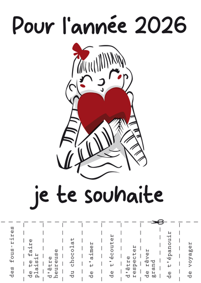 Carte Souhaits dr&ocirc;les pour une ann&eacute;e 2026 pleine d'amour Carte de voeux humour 2026