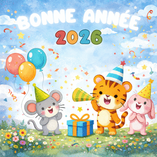 Carte Voeux amusants 2026 avec des animaux joyeux Carte de voeux 2026 enfant et mignonne