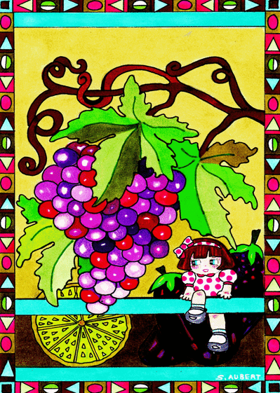 Carte Petite fille et grappe de raisin Carte divers