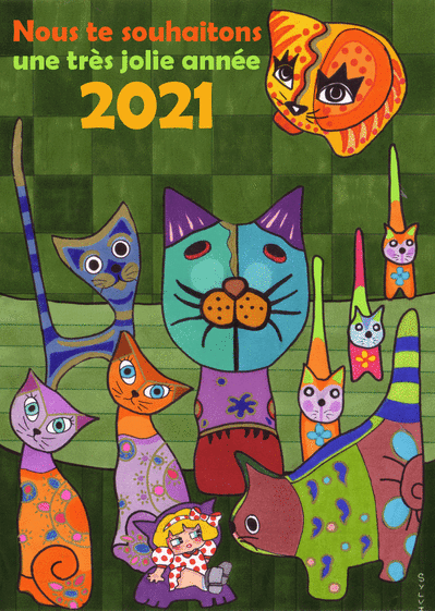 Carte Une très jolie année 2021 avec des chats Carte de voeux 2021 enfant et mignonne