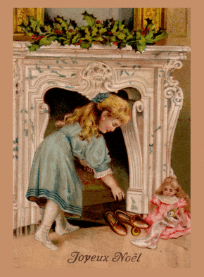 Carte Joyeux Noël chaussons devant la cheminée Carte ancienne Noël