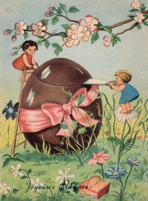 Carte Enfants qui coupent un oeuf Carte ancienne de Pâques