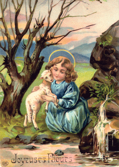 Carte  ancienne de Paques avec un agneau Carte ancienne de Pâques