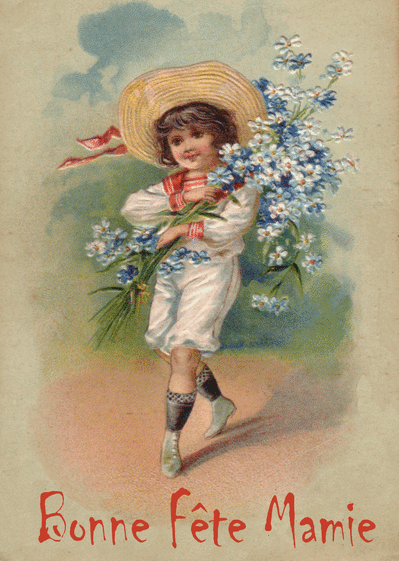 Carte Enfant avec un bouquet de fleurs Carte ancienne fête des grands-mères