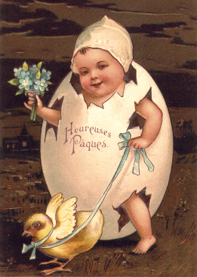 Carte Bébé dans un oeuf de paques Carte ancienne de Pâques