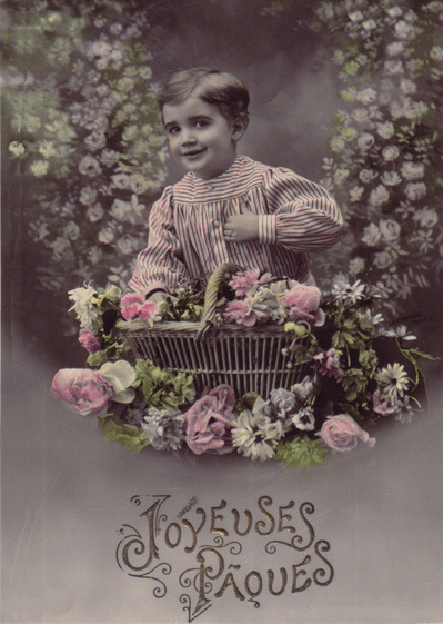 Carte Joyeuses Pâques avec un petit garçon Carte ancienne de Pâques