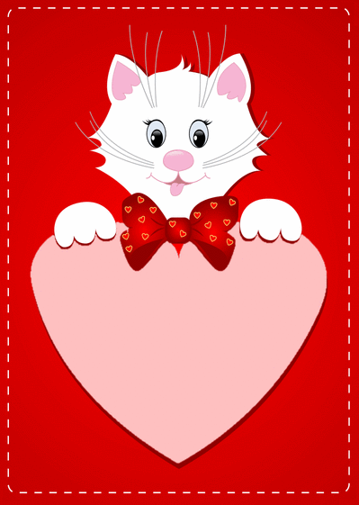 Carte Gros coeur et petit chat blanc Carte Saint Valentin personnalisée