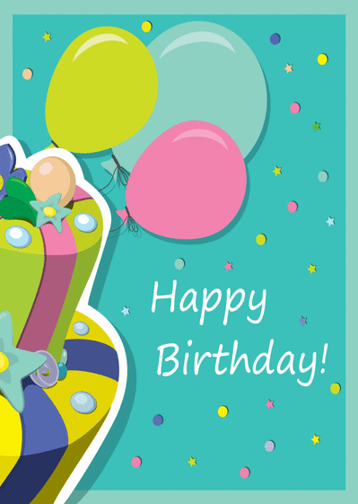Carte Happy birthday avec un gateau et des ballons Carte gateau d'anniversaire