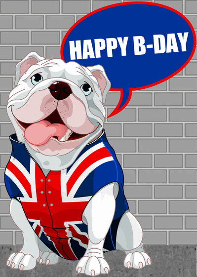 Carte Happy B-day avec un british dog Carte joyeux anniversaire en plusieurs langues