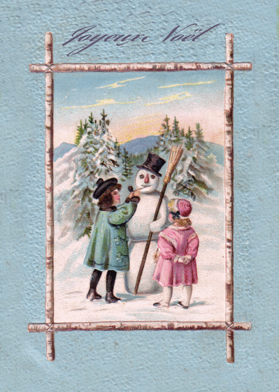 Carte Les petits enfants font un bonhomme de neige Carte ancienne Noël