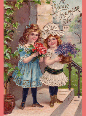 Carte Petites filles sur des marches Carte ancienne pour souhaiter une fête