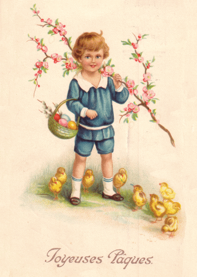 Carte Un petit garçon et son panier d'oeufs Carte ancienne de Pâques