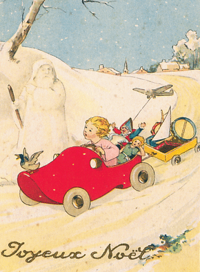 Carte Joyeux Noël et la petite voiture rouge Carte ancienne Noël