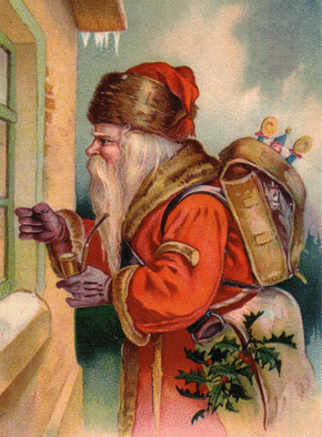 Carte Le père Noël qui frappe à la porte Carte ancienne Noël