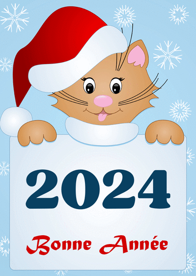 Carte Le chat et son bonnet pour une bonne année 2024  Carte de voeux 2024 chat mignon