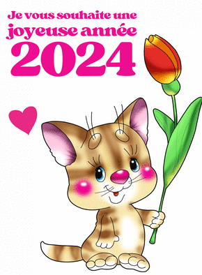 Carte Le chaton et une tulipe pour 2024 Carte de voeux 2024 chat mignon