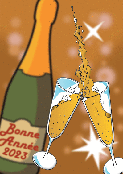 Carte bonne année 2023 sur la bouteille de champagne Carte de voeux et champagne en 2023
