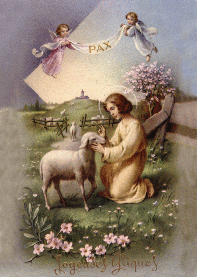 Carte L'agneau Pascal sur une  ancienne Carte ancienne de Pâques