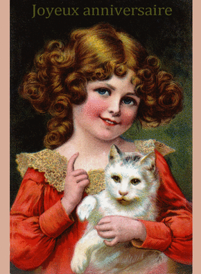 Carte Petite fille avec son chat Joyeux anniversaire Carte anniversaire ancienne
