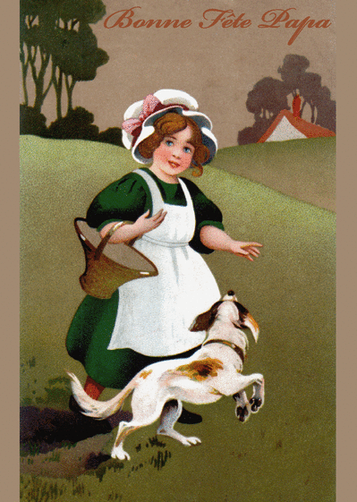 Carte La paysanne et son chien Carte fête des pères et animaux