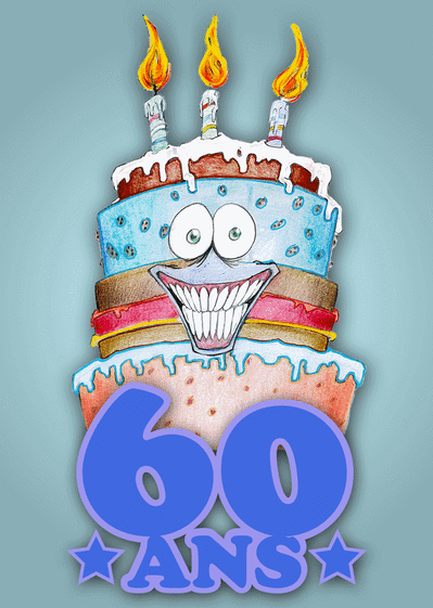 Carte 60 ans et un gros gâteau tout bleu Carte anniversaire 60 ans