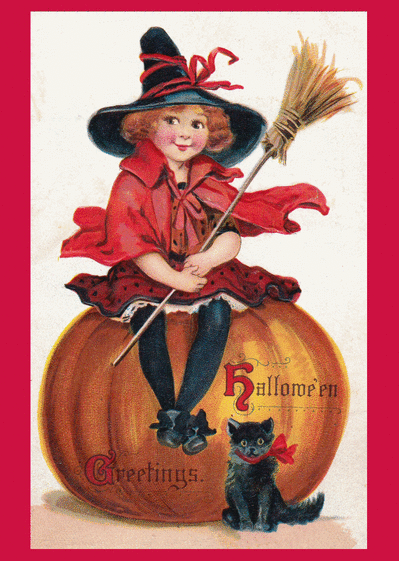Carte La petite sorcière rouge Carte ancienne pour Halloween