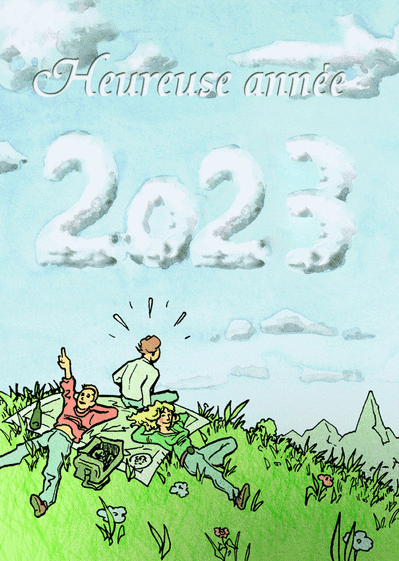 Carte Nouvelle année 2023 écrit dans les nuages Carte de voeux 2023 enfant et mignonne