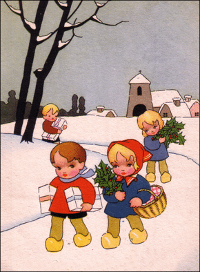 Carte Les enfants et leur houx de Noël Carte ancienne Noël