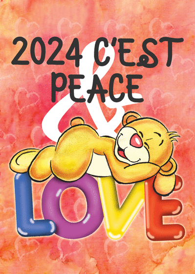 Carte Nounours peace and love du nouvel an 2024 Carte de voeux 2024 et message de paix