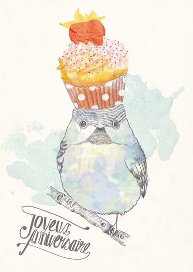 Carte Le hiboux et son cupcake d'anniversaire Carte anniversaire animaux