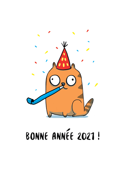 Carte Bonne année 2021 du chat fêtard Carte de voeux humour 2021