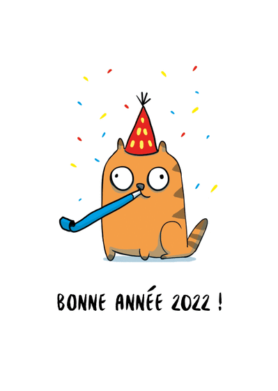 Carte Bonne année 2022 du chat fêtard Carte de voeux humour 2022