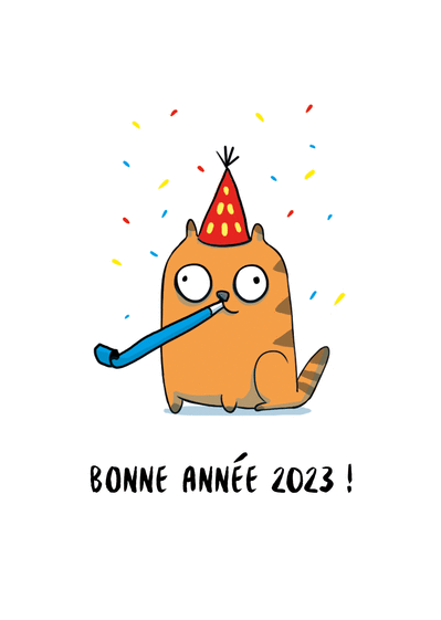 Carte bonne année 2023 du chat fêtard Carte de voeux humour 2023