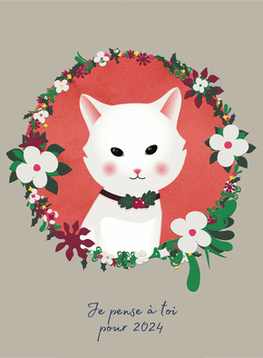 Carte Je pense à toi petit chat blanc Carte de voeux 2022 avec des fleurs