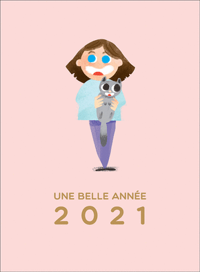 Carte Petite fille et son chat belle année 2021 Carte de voeux 2021 chat mignon