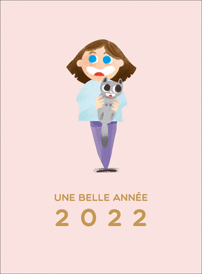 Carte Petite fille et son chat belle année 2022 Carte de voeux 2022 chat mignon