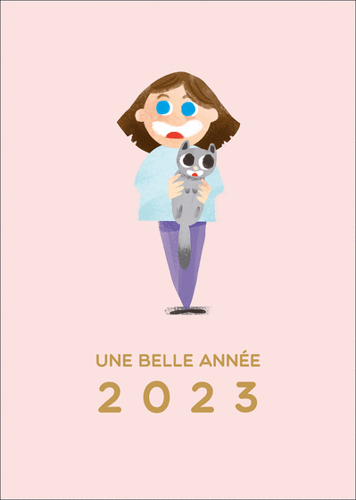 Carte Petite fille et son chat belle année 2023 Carte de voeux 2023 chat mignon