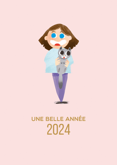 Carte Petite fille et son chat belle année 2024 Carte de voeux 2024 chat mignon