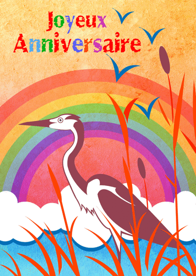 Carte Joyeux anniversaire heron et arc en ciel Carte anniversaire animaux