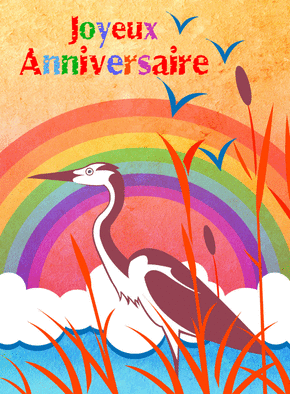 Carte Joyeux anniversaire heron et arc en ciel Carte anniversaire animaux