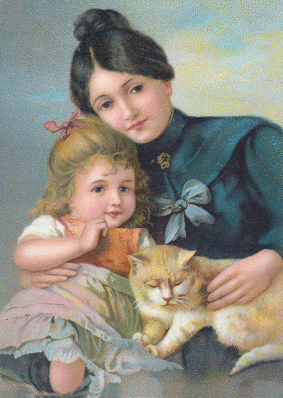 Carte Une fillette, son chat et sa maman Carte ancienne fête des mères