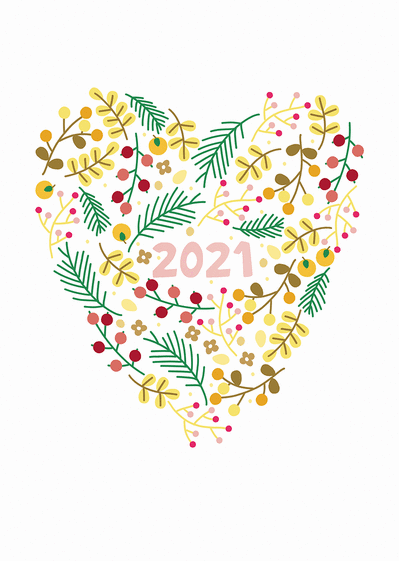 Carte Coeur de fleurs pour la nouvelle année 2021 Carte de voeux 2021 avec des fleurs