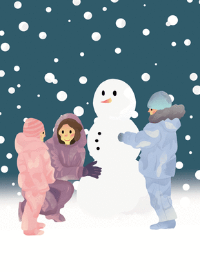 Carte Bonhomme de neige et les enfants Carte de Février et d'hiver
