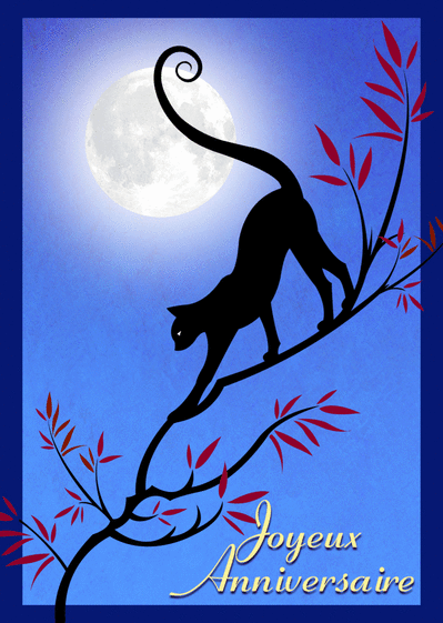 Carte Joyeux anniversaire silhouette chat et lune Carte anniversaire chat