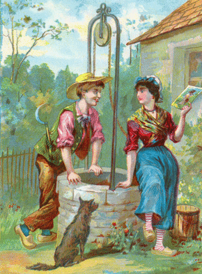 Carte Conter fleurette assis sur un puits Carte ancienne Saint Valentin
