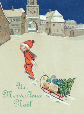 Carte Merveilleux Noël et luge de cadeaux Carte ancienne Noël
