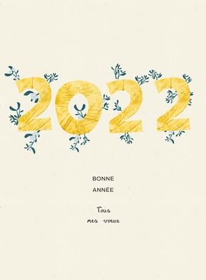 Carte nouvelle année 2022 en or en gui Carte de voeux 2022 avec des fleurs